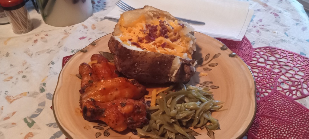 Baked Potato, Wings, and Green Beans
